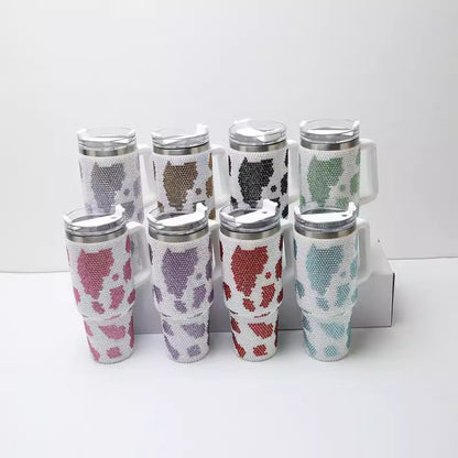 Rhinestone Cow Print 40oz Double Wall Stainless Steel Vacuum Tumbler With Handle