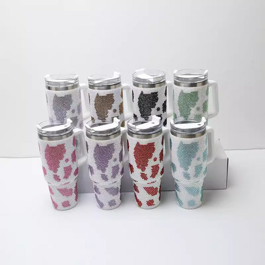 Rhinestone Cow Print 40oz Double Wall Stainless Steel Vacuum Tumbler With Handle