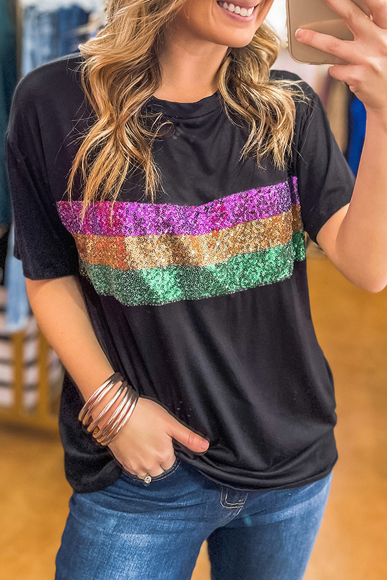 Mardi Gras Striped Sequin Short Sleeve