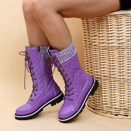 Winter Quilted Martin Boots with Lace Up and Side Zipper
