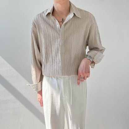 Men Long-Sleeve Button-Up Ribbed Plain Shirt