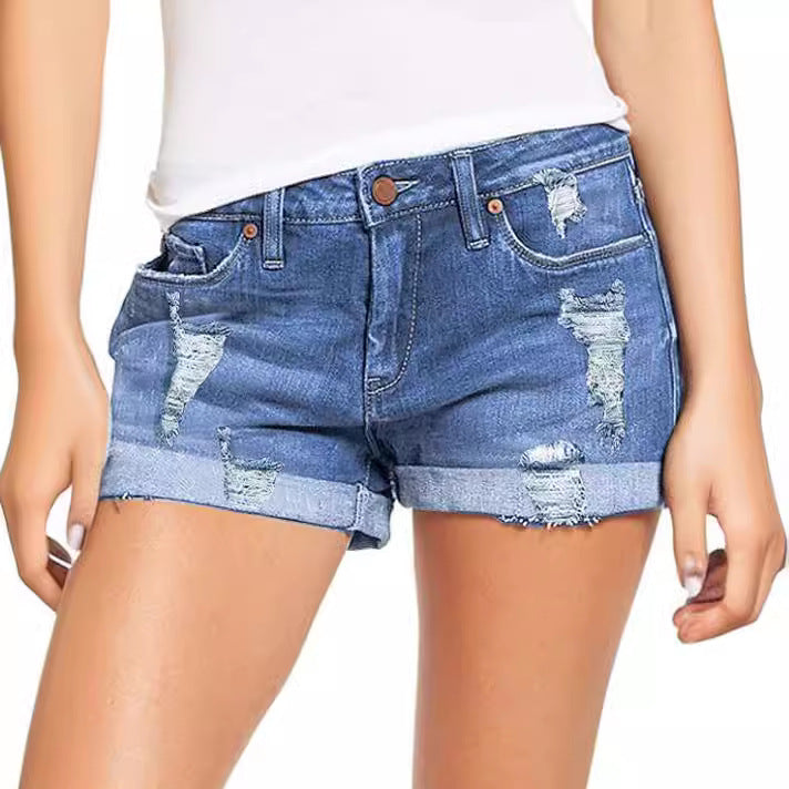 Folded Distressed Denim Shorts