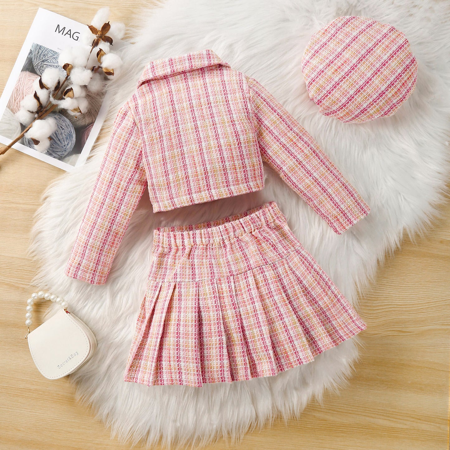 Girls Trendy Pink Tweed Jacket and Skirt Set