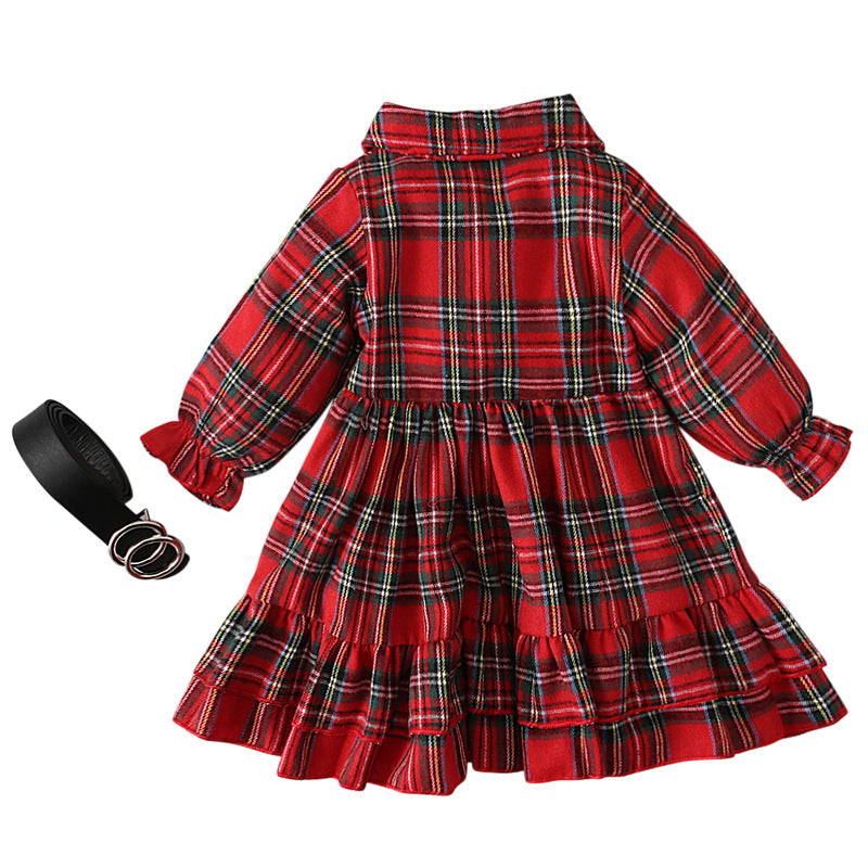 Red Plaid Dress with Belt for Little Girls