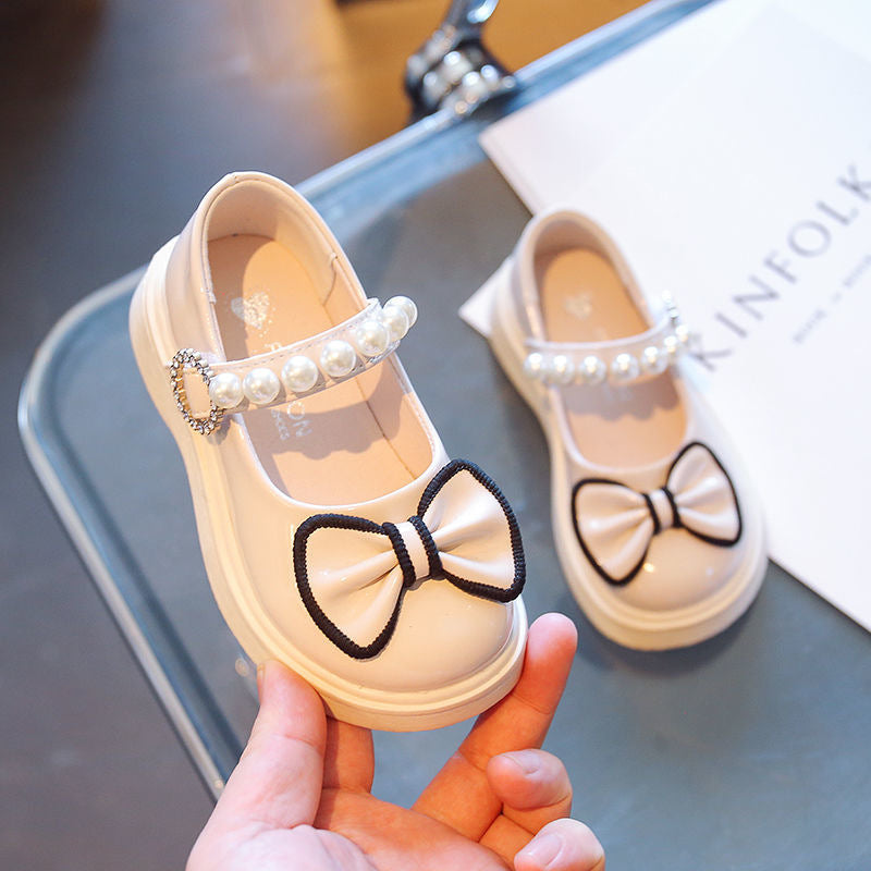 Bowtie Peal Leather Mary Jane Shoes for Girls