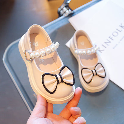 Bowtie Peal Leather Mary Jane Shoes for Girls