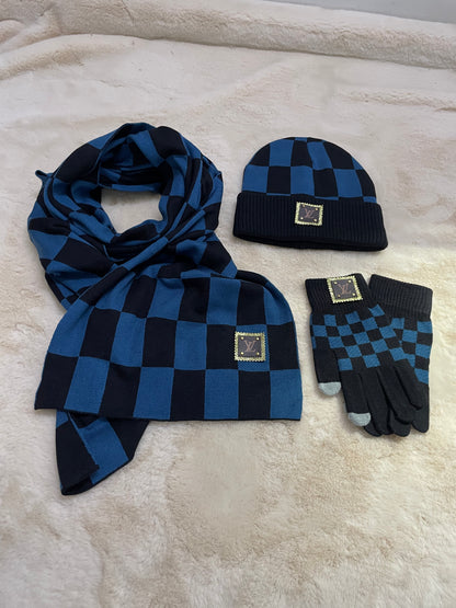 Checkered Wool Beanie Scarf Gloves 3pcs Set