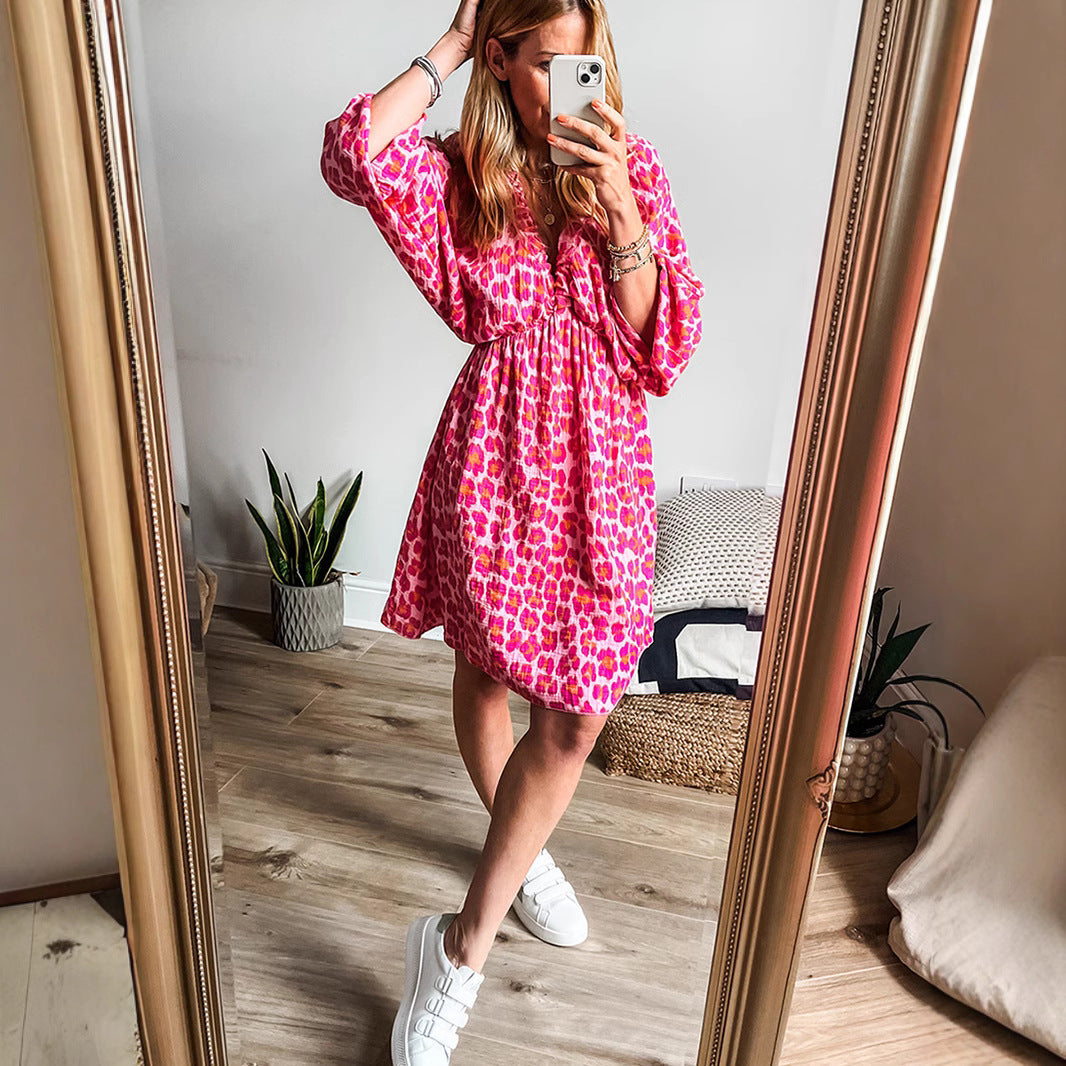 Leopard Print Elasticated V Neck Dress
