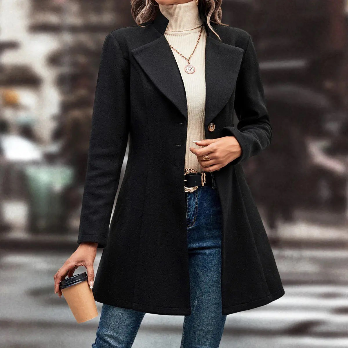Collared Neck Long Sleeve Longline Coat
