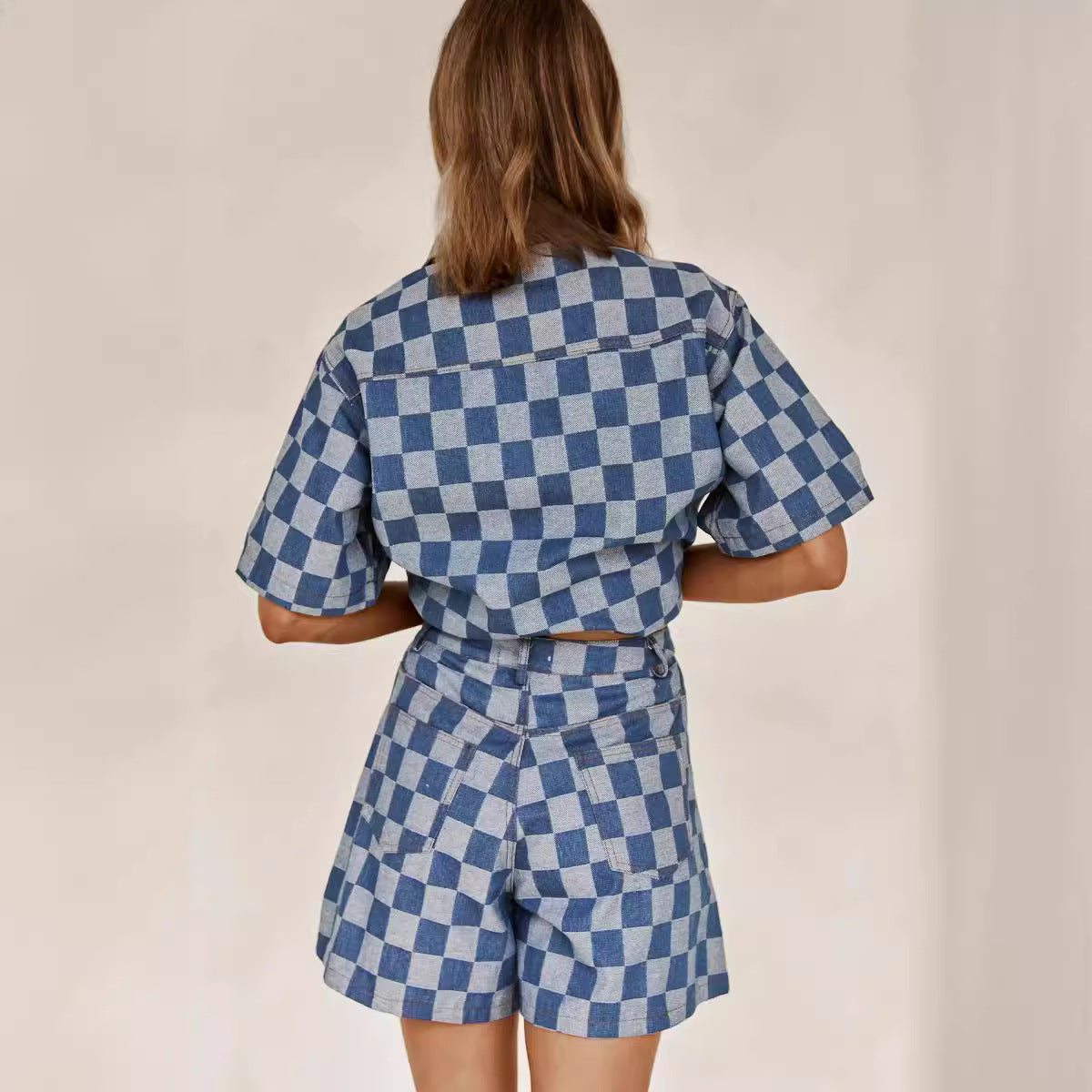 Checkered Button Up Half Sleeve Top And Shorts Set