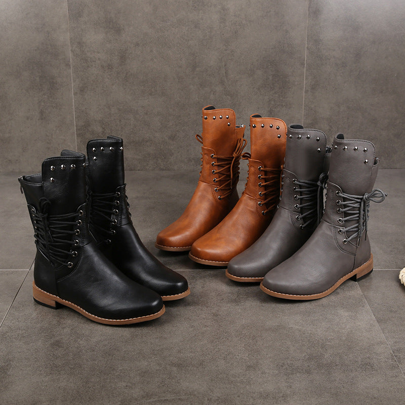 Lace Up Beaded Chunky Heel Mid Calf Boots
