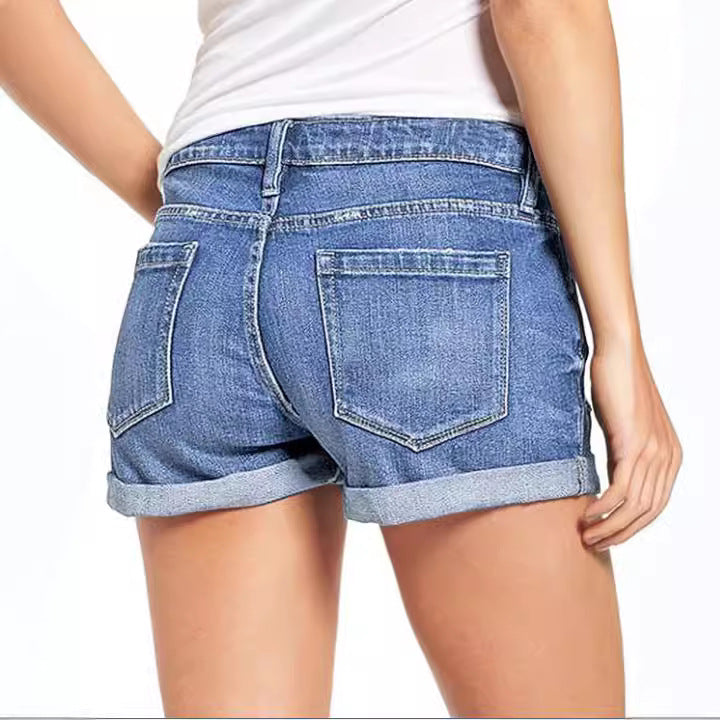 Folded Distressed Denim Shorts