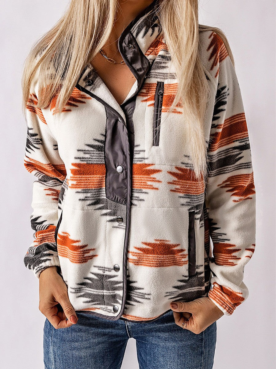 Aztec Print Stand Neck Snap Buttons Jacket