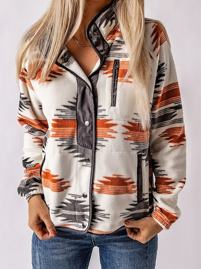 Aztec Print Stand Neck Snap Buttons Jacket