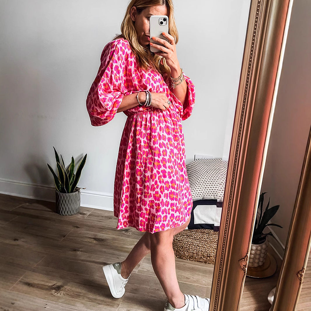 Leopard Print Elasticated V Neck Dress