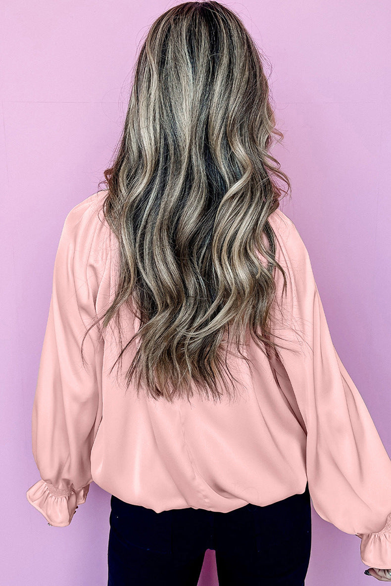Satin Pleated Flounce Sleeve Blouse