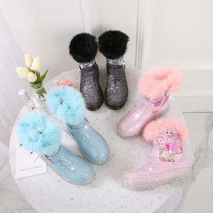 Girl Fairy Elsa Glitter Boots with Faux Fur Trim