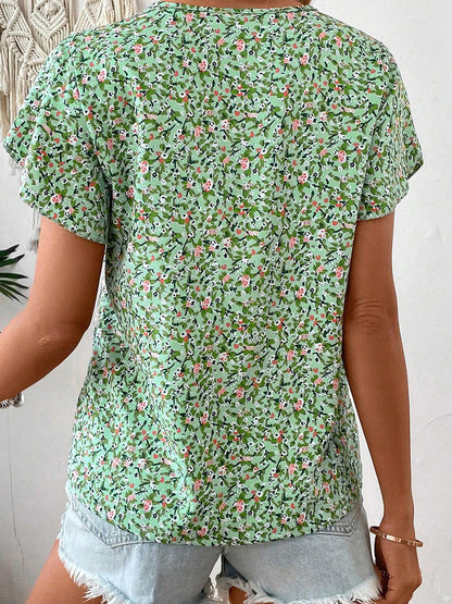 V Neck Short Sleeve Green Ditsy Floral Summer Top