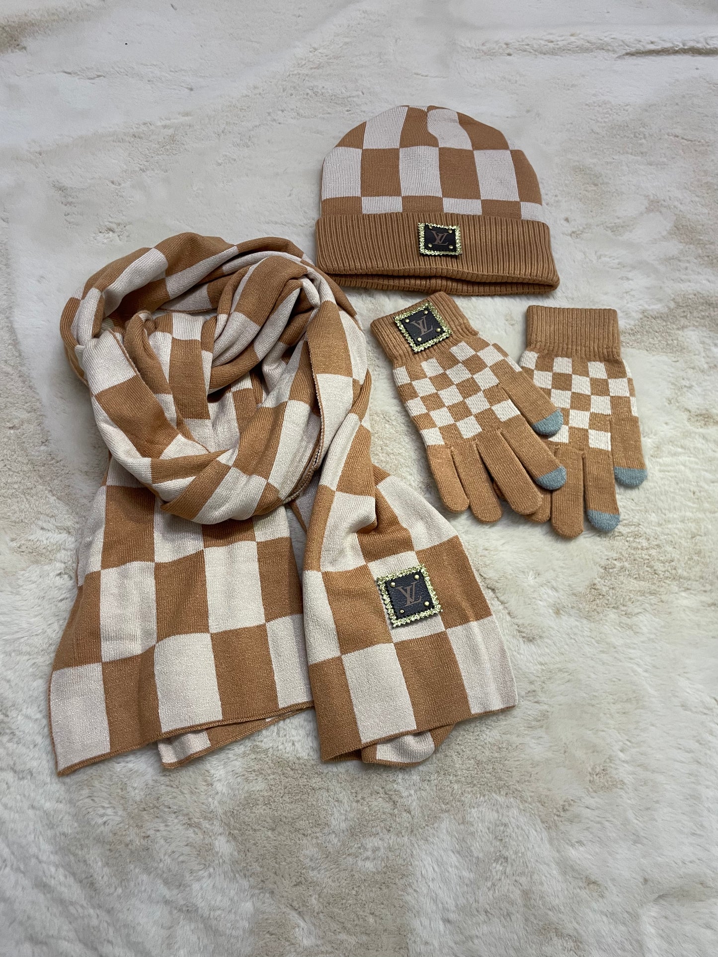 Checkered Wool Beanie Scarf Gloves 3pcs Set
