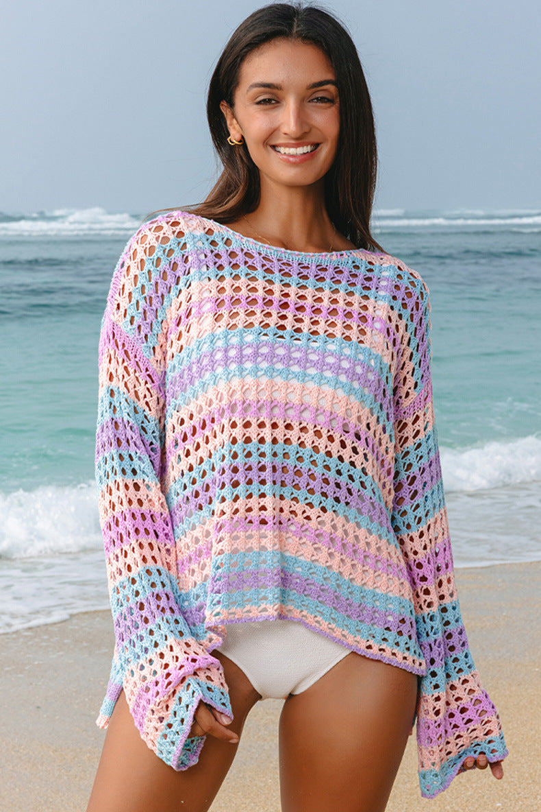 Purple Striped Hollow Knit Cover Up
