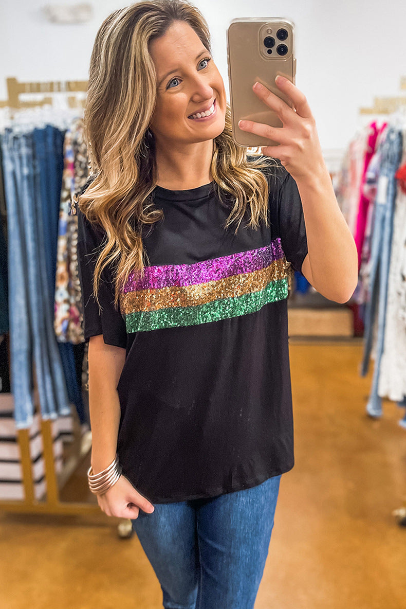 Mardi Gras Striped Sequin Short Sleeve