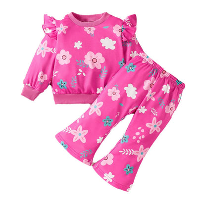 2pcs Baby Girls Floral Print Long Sleeve Top And Pants Set