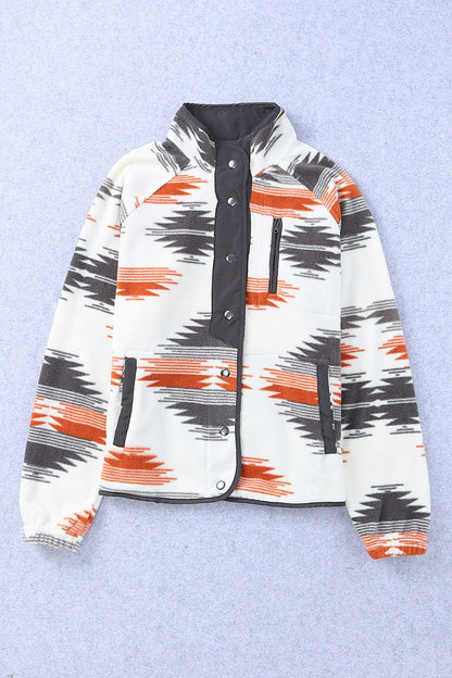 Aztec Print Stand Neck Snap Buttons Jacket
