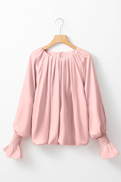 Satin Pleated Flounce Sleeve Blouse