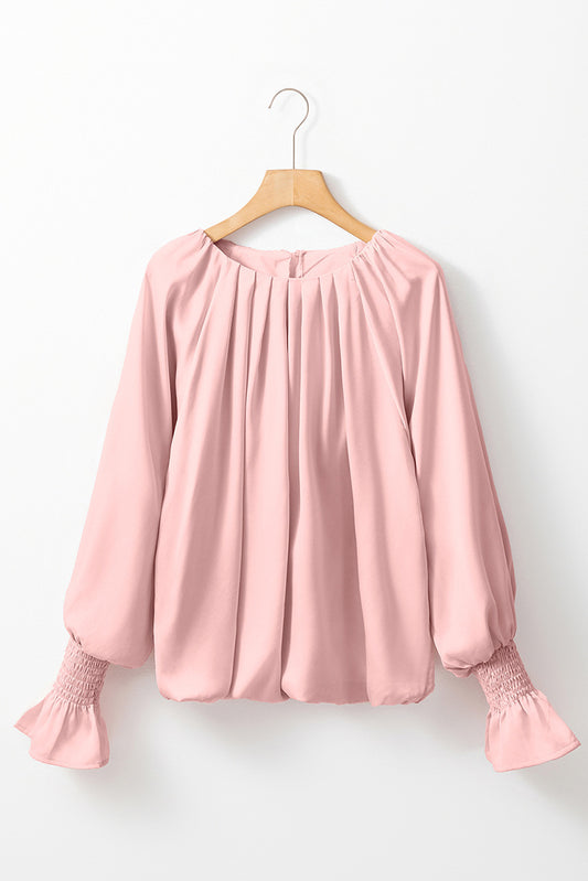 Satin Pleated Flounce Sleeve Blouse