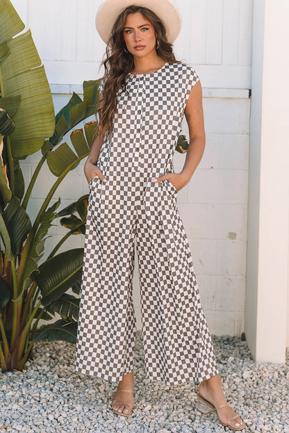 Khaki Checkered Print Buttoned Jumper