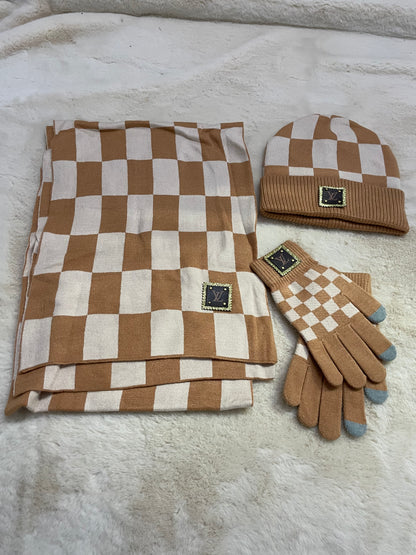 Checkered Wool Beanie Scarf Gloves 3pcs Set