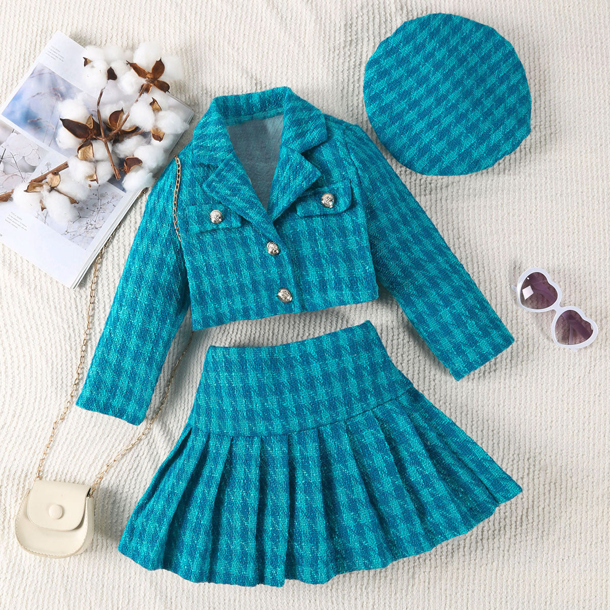 Girls Trendy Pink Tweed Jacket and Skirt Set