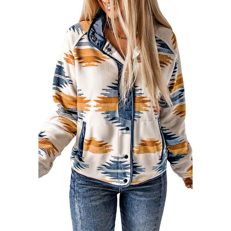 Aztec Print Stand Neck Snap Buttons Jacket