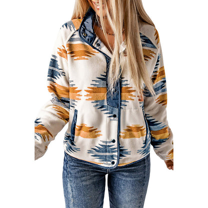 Aztec Print Stand Neck Snap Buttons Jacket