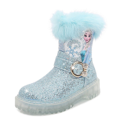 Girl Fairy Elsa Glitter Boots with Faux Fur Trim