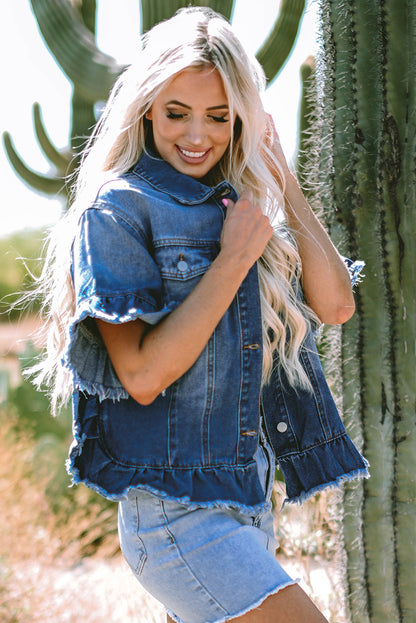 Ruffled Raw Hem Half Sleeve Denim Top