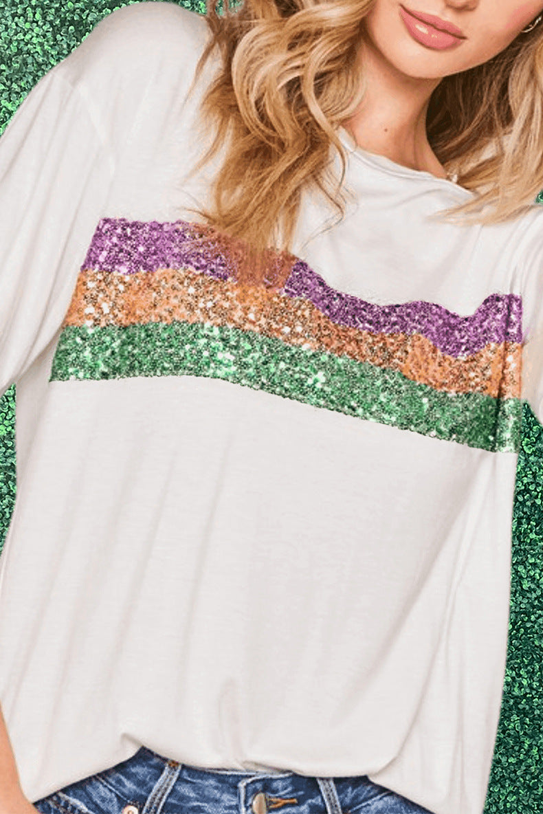 Mardi Gras Striped Sequin Short Sleeve