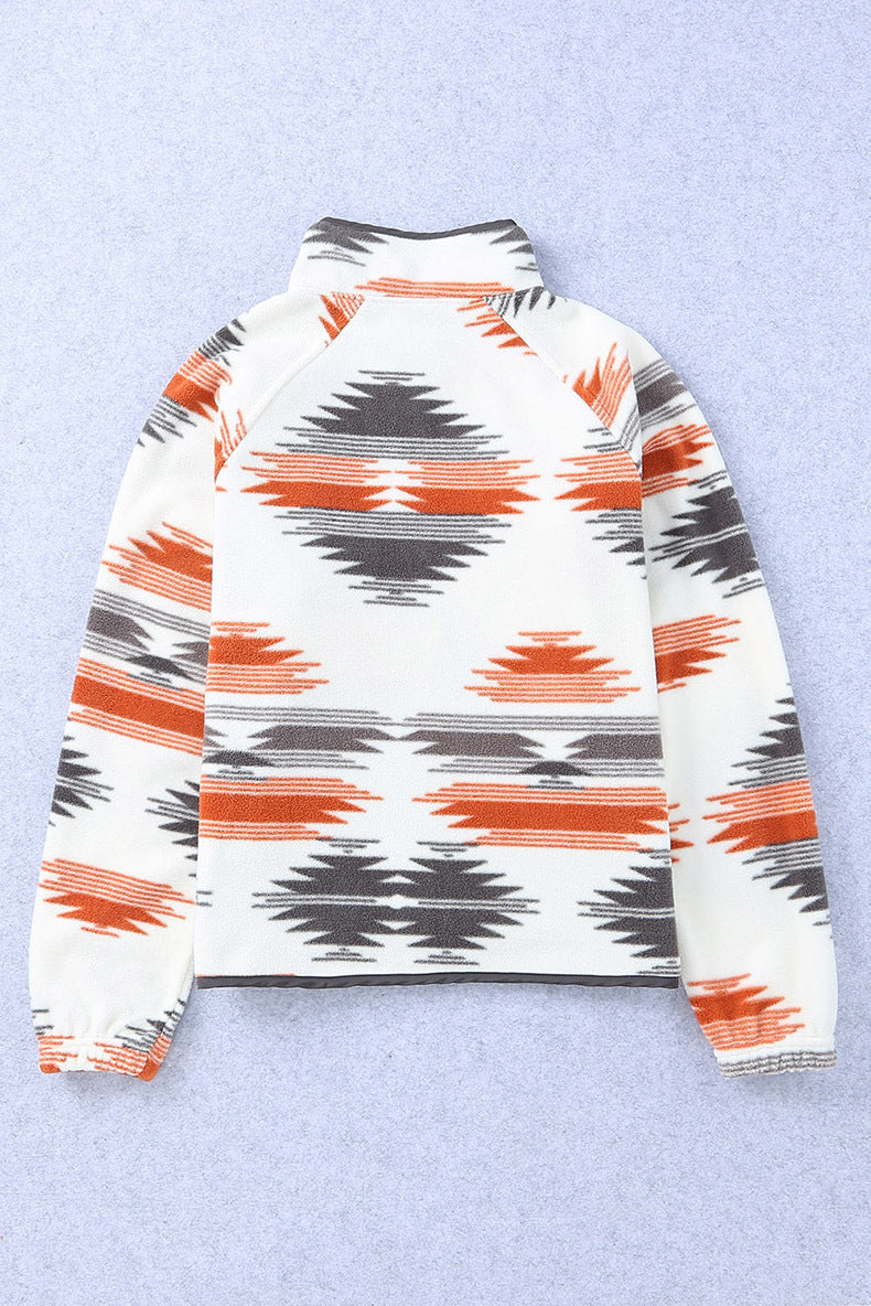 Aztec Print Stand Neck Snap Buttons Jacket