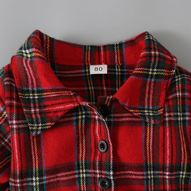 Red Plaid Dress with Belt for Little Girls