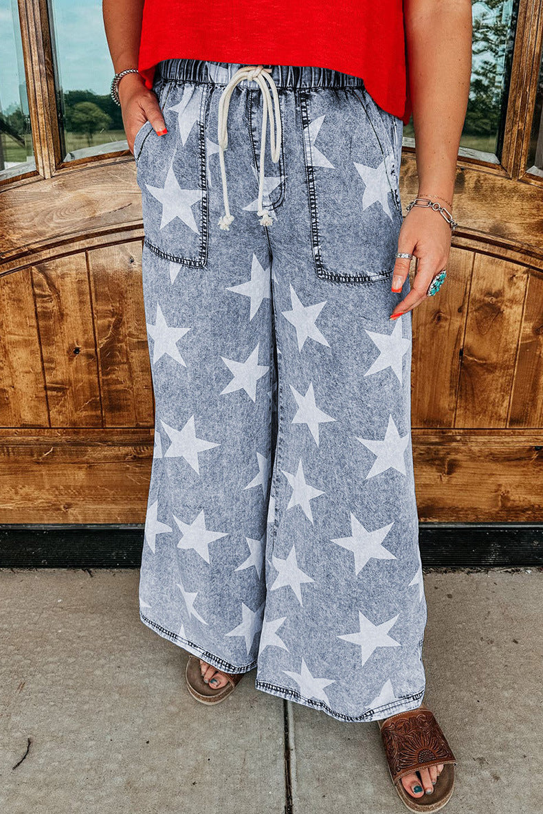Star Print Light Wash Drawstring Pants