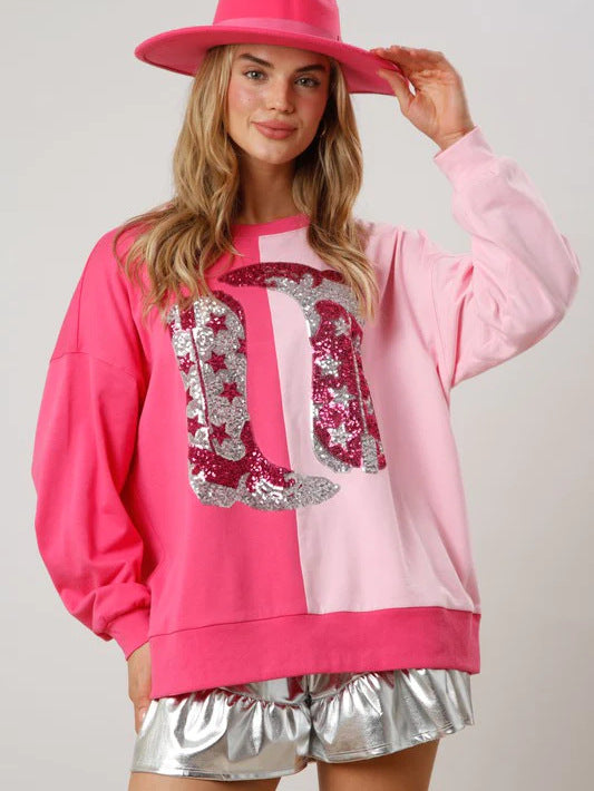 Color Block Sequined Cowgirl Boots Tee