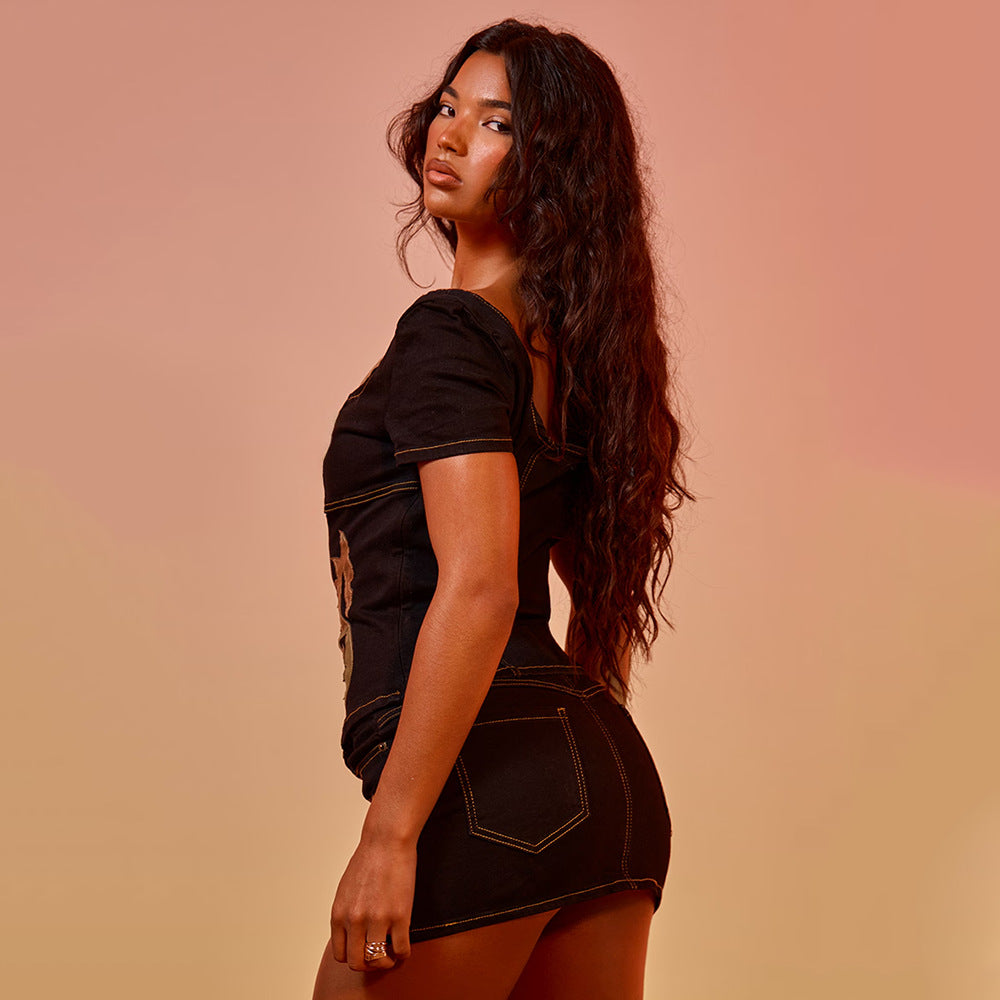 Black Western Patch Detail Denim Corset and Mini Skirt Set