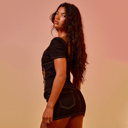 Black Western Patch Detail Denim Corset and Mini Skirt Set