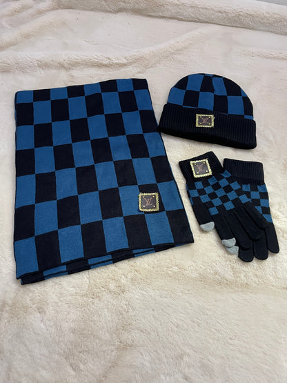 Checkered Wool Beanie Scarf Gloves 3pcs Set