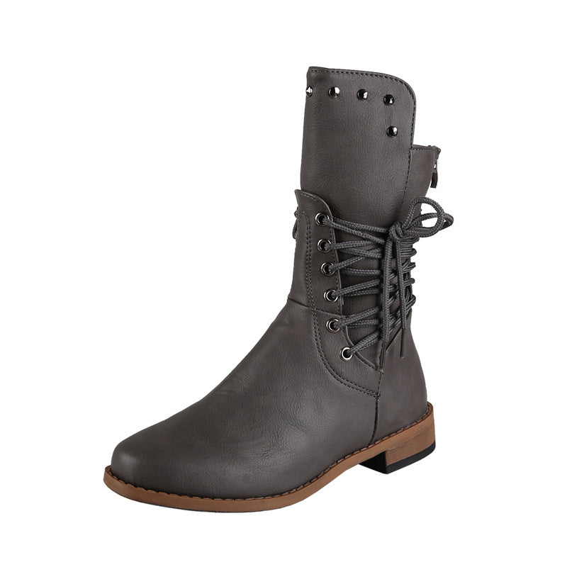 Lace Up Beaded Chunky Heel Mid Calf Boots