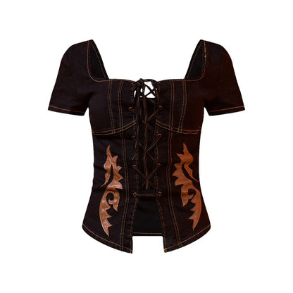 Black Western Patch Detail Denim Corset and Mini Skirt Set