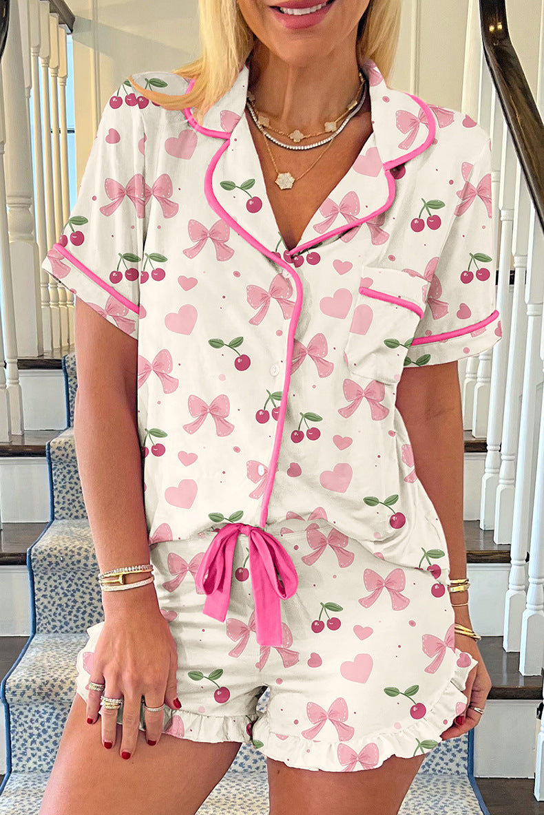 White Floral Print Ruffle Hem Shorts PJ Set