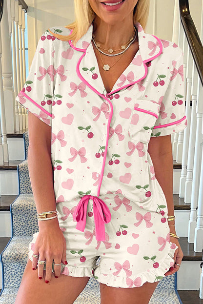 White Floral Print Ruffle Hem Shorts PJ Set