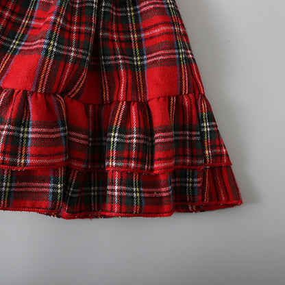 Red Plaid Dress with Belt for Little Girls