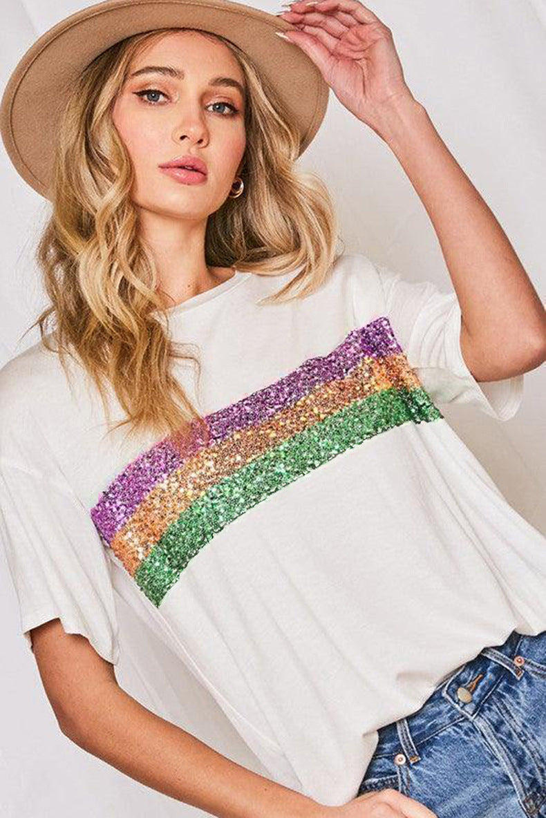 Mardi Gras Striped Sequin Short Sleeve
